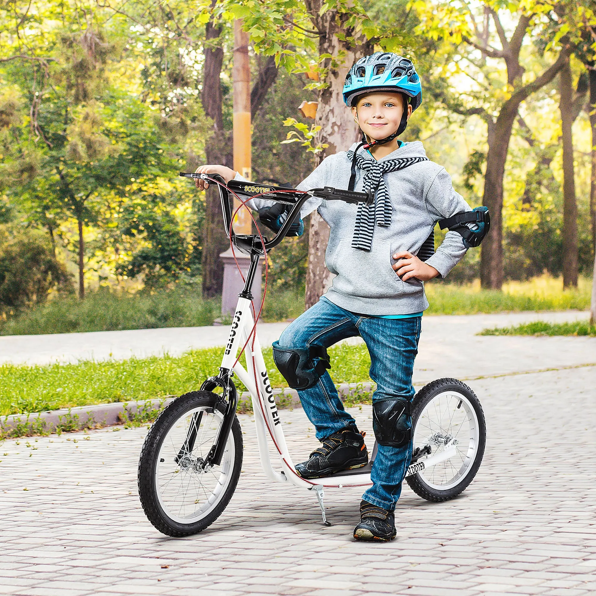 Teen Kids Stunt Scooter Children Kick Scooter Adjustable Handlebar 2 Brakes Ride On 16 Inch Rubber Tyres White